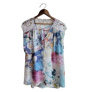 Daniel Rainn Floral Crochet Sheet Tie Front Blouse